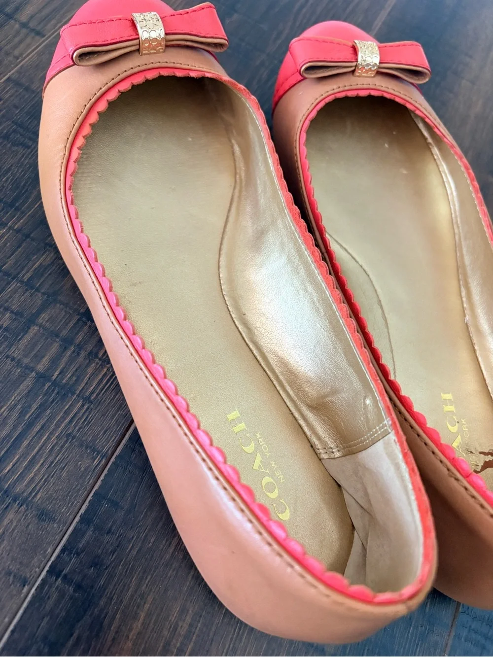 Coach Colorblock Leather Ballet Flats Coral Pink & Tan Bow Shoes Size 36 - Picture 10 of 15